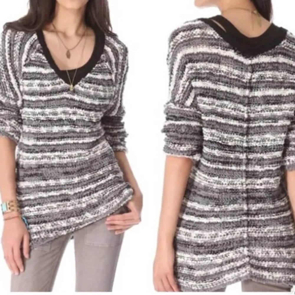 Free People Black White Striped Songbird Boucle Sweater Oversized W-320 Sz S